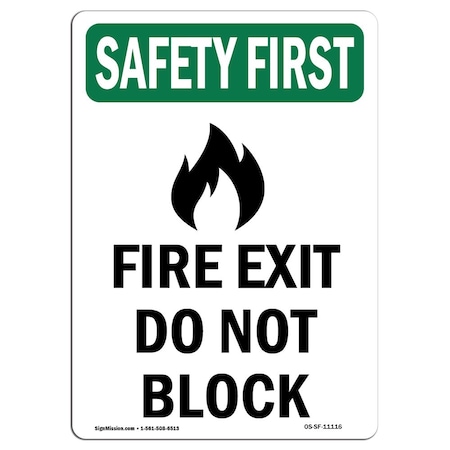 OSHA SAFETY FIRST Sign, Fire Exit Do Not Block W/ Symbol, 5in X 3.5in Decal, 10PK